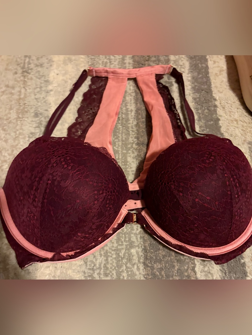 Victoria's Secret Burgundy and Blush Lace Racerback Push-Up Bra